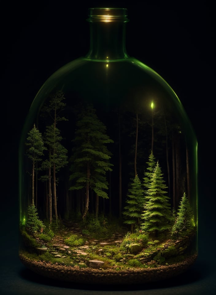 (An intricate forest minitown landscape trapped in a bottle), atmospheric oliva lighting, on the table, 4k UHD, dark vibes, hyper detailed, vibrant colours, epic composition, octane render, sharp focus, high resolution isometric, marijuana plants