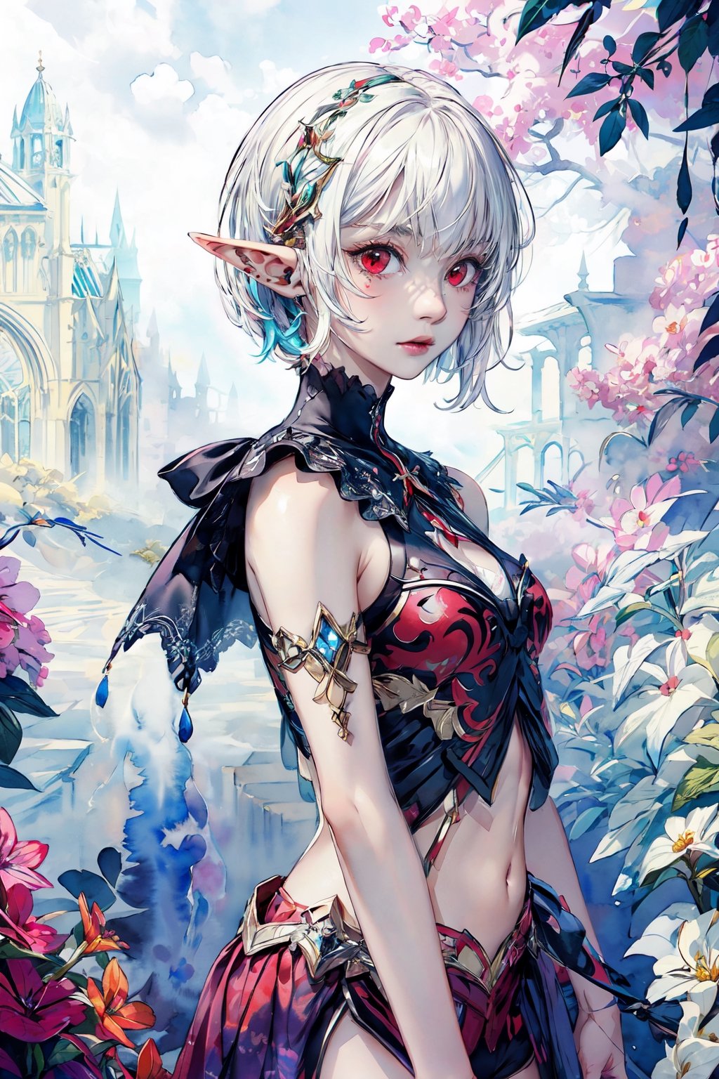 masterpiece, best quality,ultra-detailed, colorful, watercolor, A white short hair red eyes girl side face, elf ears 