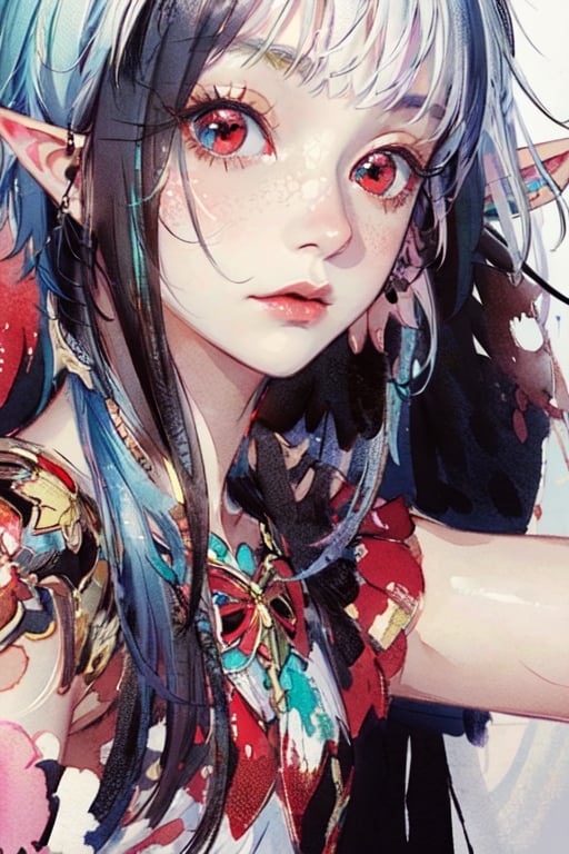 masterpiece, best quality,ultra-detailed, colorful, watercolor, A white short hair red eyes girl side face, elf ears 