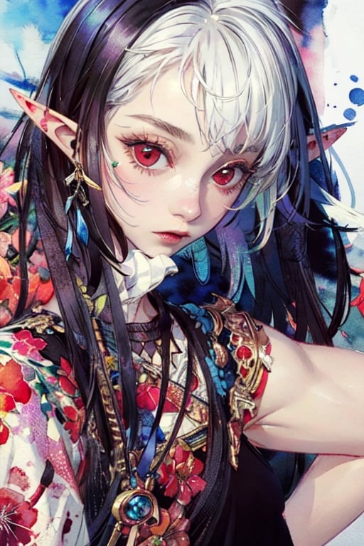 masterpiece, best quality,ultra-detailed, colorful, watercolor, A white short hair red eyes girl side face, elf ears 