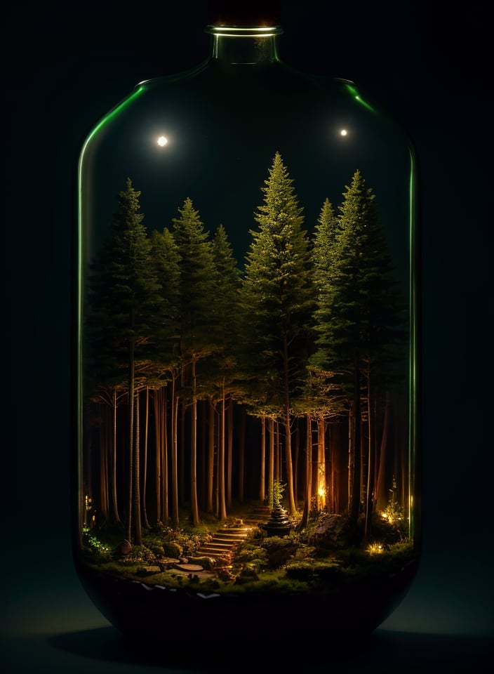 (An intricate forest minitown landscape trapped in a bottle), atmospheric oliva lighting, on the table, 4k UHD, dark vibes, hyper detailed, vibrant colours, epic composition, octane render, sharp focus, high resolution isometric, marijuana plants