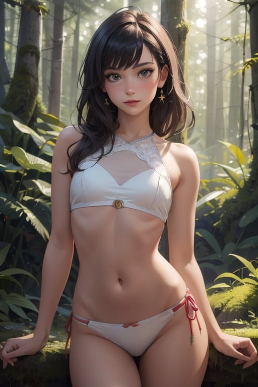 masterpiece, Highres, best quality, extremely detailed, area lighting in background, HD, 8k, extremely intricate:1.3), realistic, SMALL BODY, CUTE, stomach, gorgeous, beauty, young, deep forest background