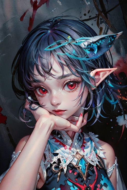 masterpiece, best quality,ultra-detailed, colorful, watercolor, A white short hair red eyes girl side face, elf ears 