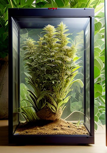 (realistic:1.2), (intricate:1.3),analog style,  (film grain), (warm hue, warm tone:1.2), close up, cinematic light, sidelighting, ultra high res, best shadow, RAW, marijuana plant(tropical jungle) ,  (KnollingCaseQuiron style), glass case, display case,  (KnollingCase:1.4), 