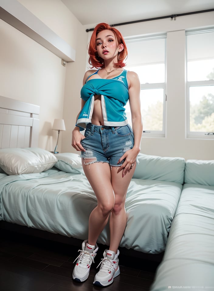 (pov fisheye lens) torso POV defined hard edges, well defined, elvgren ,brom,ecstasy,blush, red hair short hair straight hair, sporty 18-year-old , highly detailed, 8k, bedroom , microbikini, small_breasts 