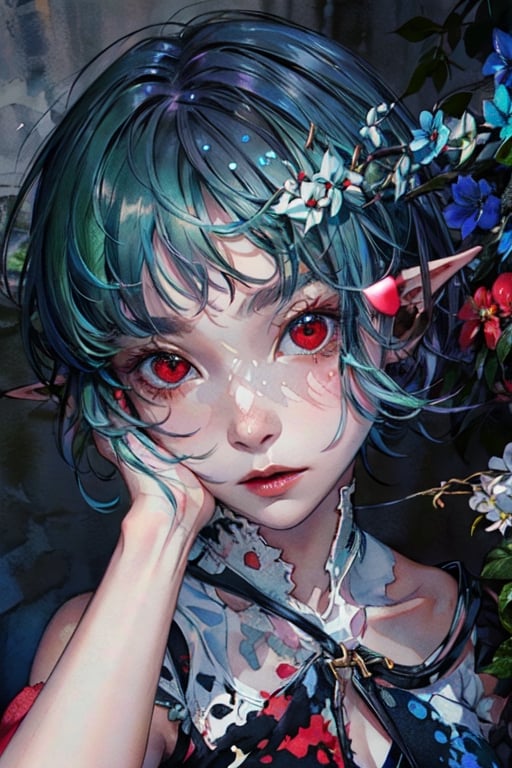 masterpiece, best quality,ultra-detailed, colorful, watercolor, A white short hair red eyes girl side face, elf ears 