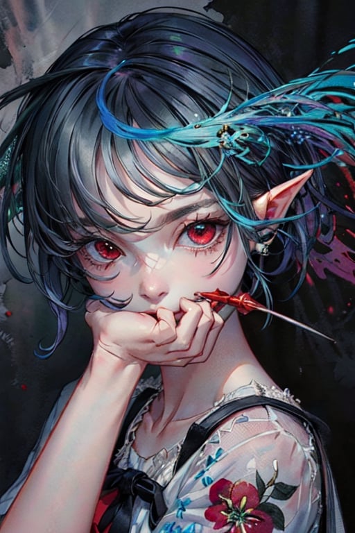 masterpiece, best quality,ultra-detailed, colorful, watercolor, A white short hair red eyes girl side face, elf ears 