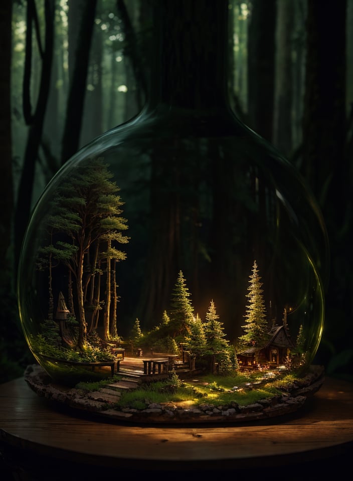 (An intricate forest minitown landscape trapped in a bottle), atmospheric oliva lighting, on the table, 4k UHD, dark vibes, hyper detailed, vibrant colours, epic composition, octane render, sharp focus, high resolution isometric