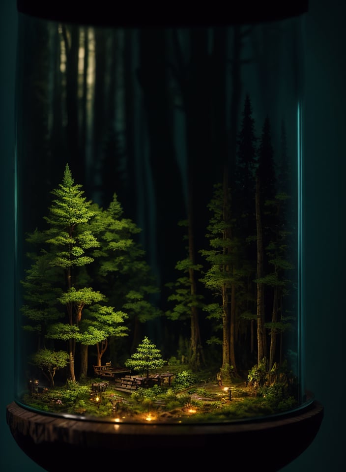 (An intricate forest minitown landscape trapped in a bottle), atmospheric oliva lighting, on the table, 4k UHD, dark vibes, hyper detailed, vibrant colours, epic composition, octane render, sharp focus, high resolution isometric, marijuana plants