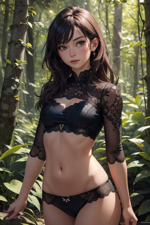 masterpiece, Highres, best quality, extremely detailed, area lighting in background, HD, 8k, extremely intricate:1.3), realistic, SMALL BODY, CUTE, stomach, gorgeous, beauty, young, deep forest background