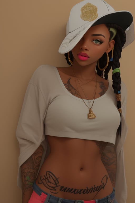 light skinned girl (colorful) with green eyes and black braids, fitted hat, portrait, tattoos, weed-smoke, two-tone-hair, 
