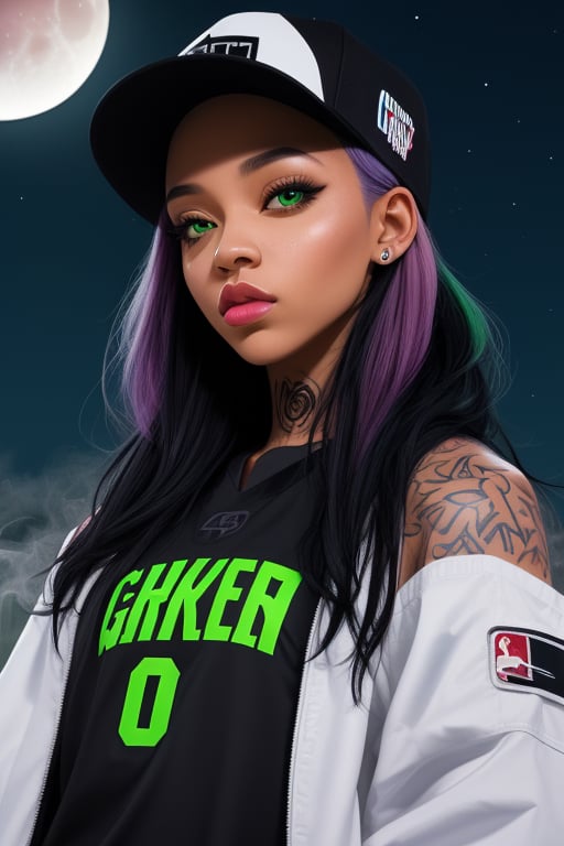 Light skinned girl (colorful) with green eyes and black fade, fitted hat, portrait, tattoos, smoke, two-tone-hair, drip jacket, basketball jersey, night_sky, moon, 
