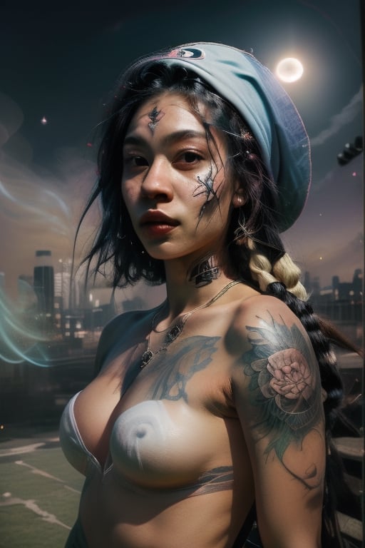 Light skin girl (colorful) with black braids, fitted hat, portrait, tattoos, smoke, two-tone-hair, Full Moon, football jersey, city view,