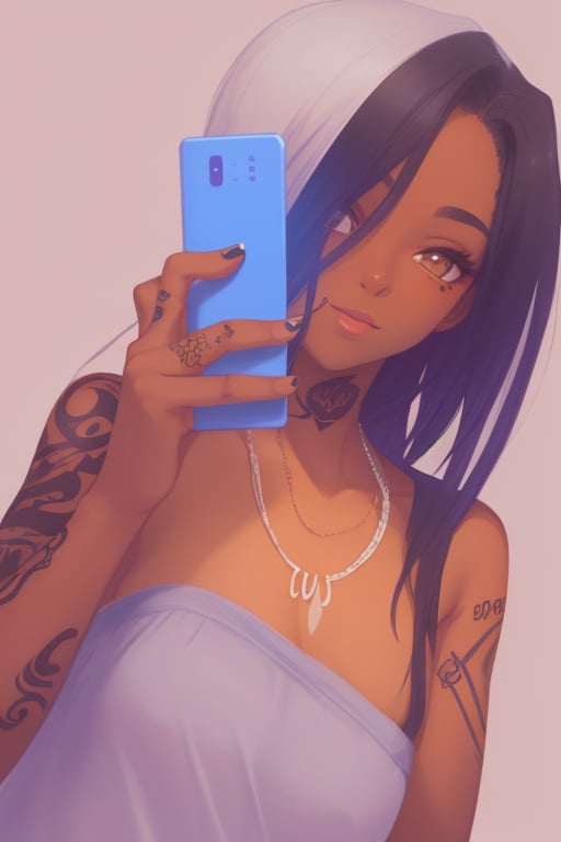 dark skinned girl (colorful) with brown eyes and black fade, portrait, tattoos,
