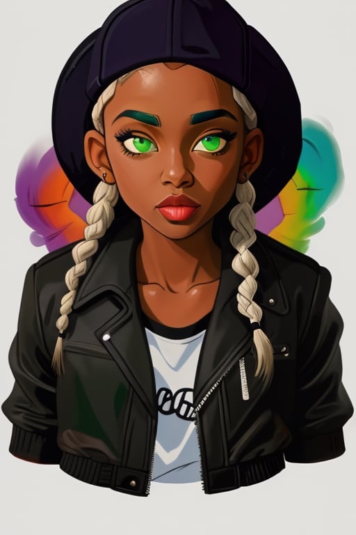 dark skinned girl (colorful) with green eyes and black braids, fitted hat, portrait, tattoos, smoke, two-tone-hair, drip jacket, 