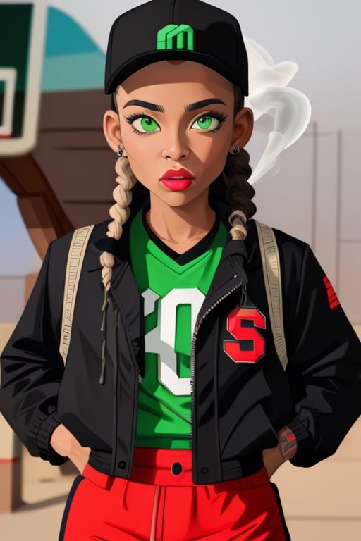 Light skin girl (colorful) with green eyes and black braids, fitted hat, portrait, tattoos, smoke, two-tone-hair, drip jacket, basketball jersey,