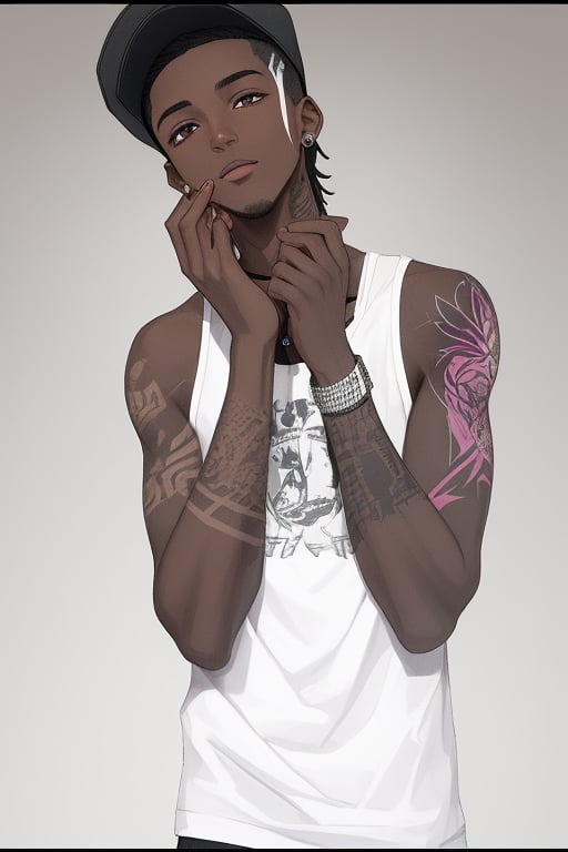 dark skinned boy (colorful) with brown eyes and black fade, fitted hat, portrait, tattoos, weedsmoke
