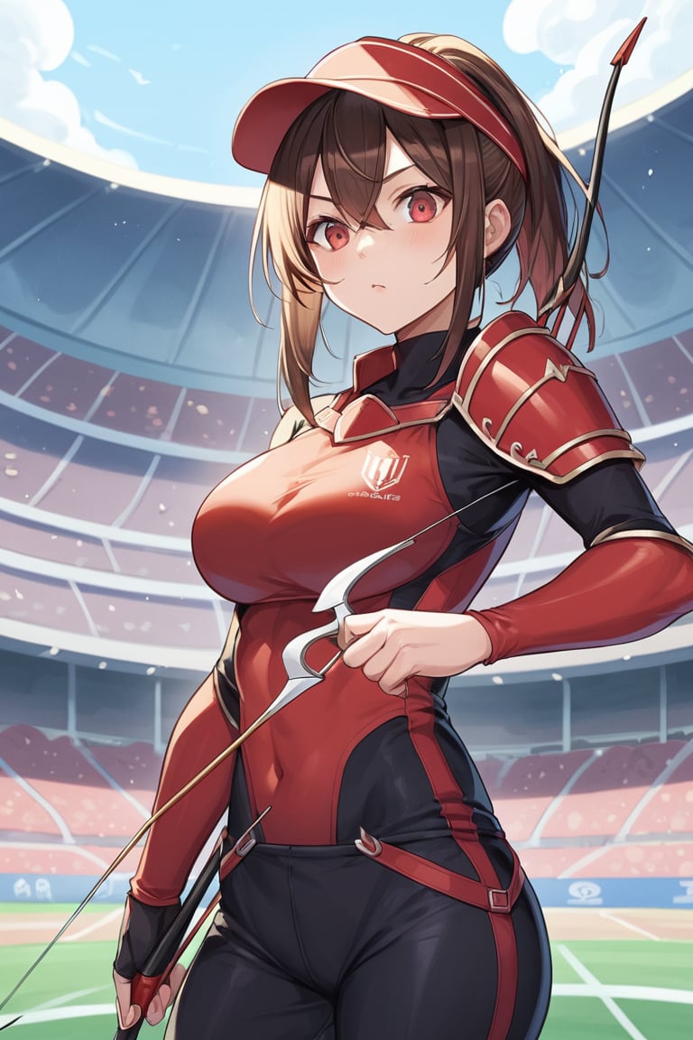 score_9, score_8_up, score_7_up, score_6_up, BREAK source_anime, 1girl, archery, arrow (projectile), black pants, bow (weapon), chest guard, long sleeves, playing sports, single glove, solo, stadium, visor cap