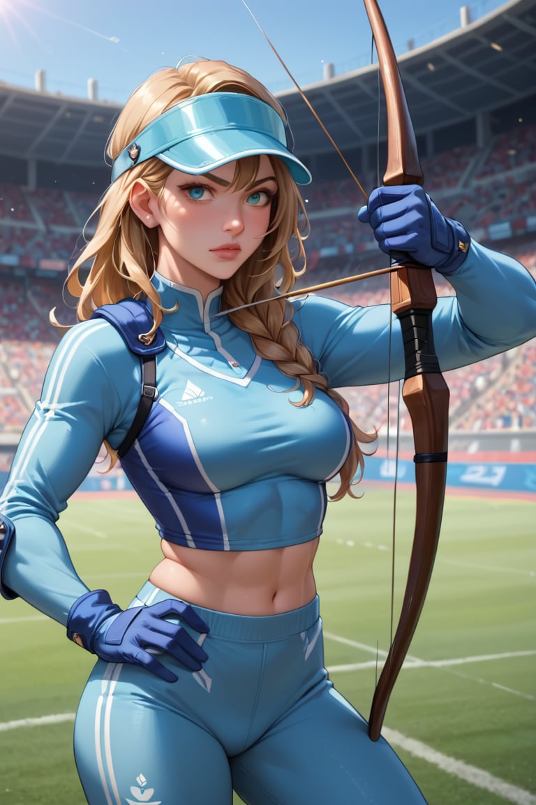 score_9, score_8_up, score_7_up, score_6_up, BREAK source_cartoon, 1girl, archery, arrow (projectile), pants, bow (weapon), chest guard, long sleeves, playing sports, gloves, solo, stadium, visor cap