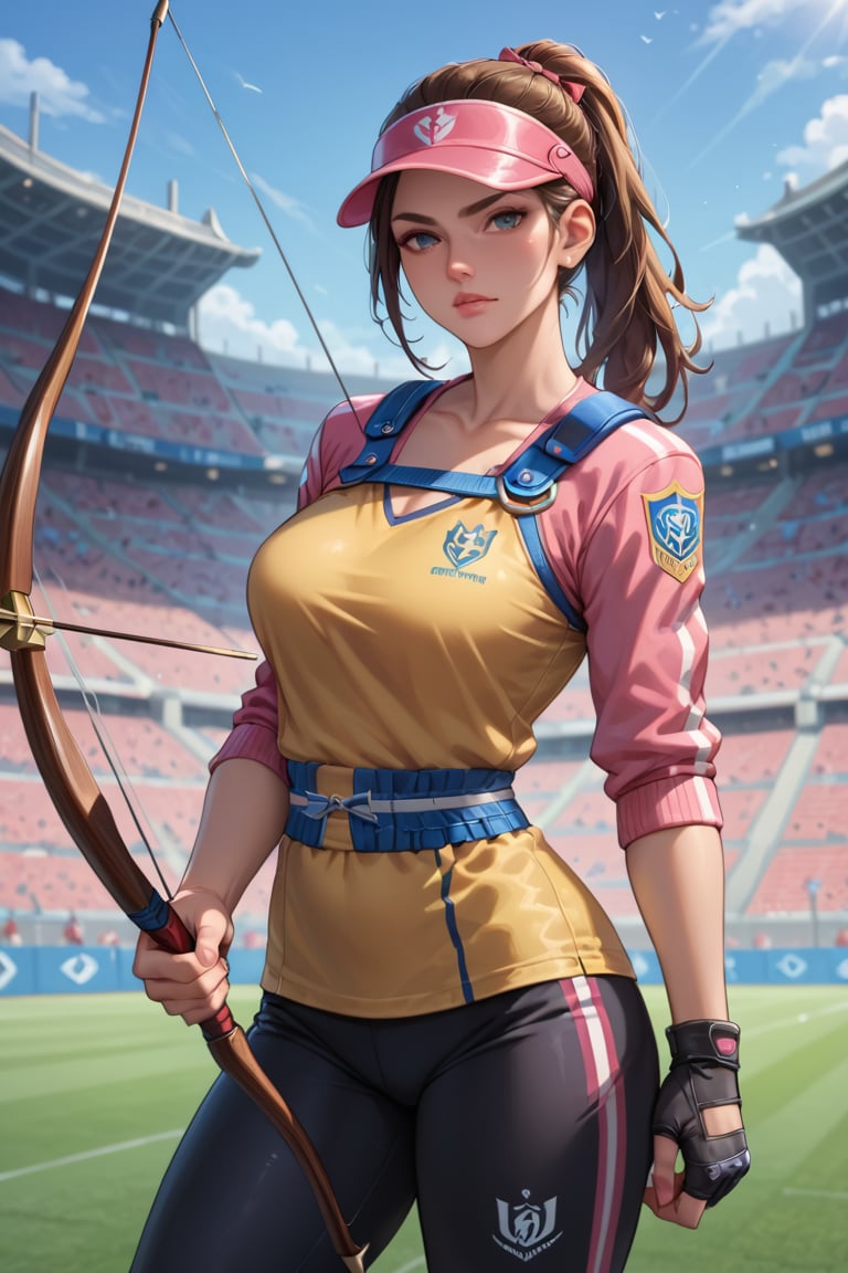 score_9, score_8_up, score_7_up, score_6_up, BREAK source_cartoon, 1girl, archery, arrow (projectile), pants, bow (weapon), chest guard, long sleeves, playing sports, single glove, solo, stadium, visor cap