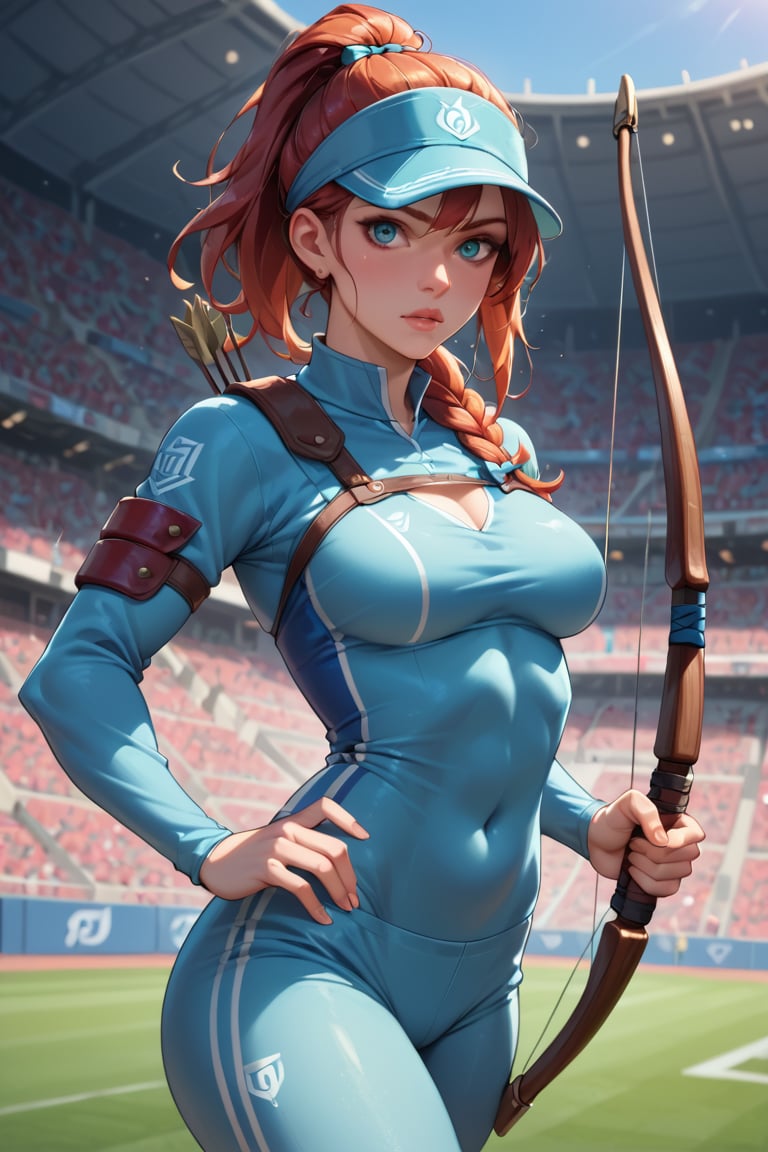 score_9, score_8_up, score_7_up, score_6_up, BREAK source_cartoon, 1girl, archery, arrow (projectile), pants, bow (weapon), chest guard, long sleeves, playing sports, single glove, solo, stadium, visor cap