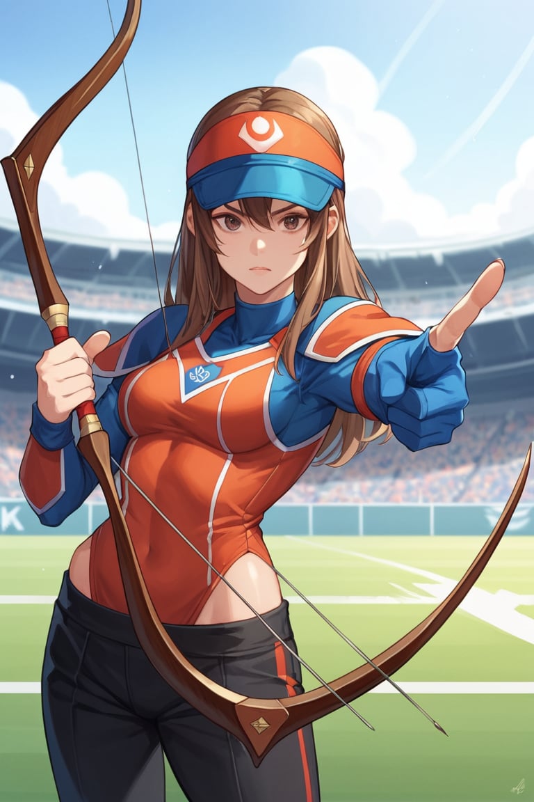 score_9, score_8_up, score_7_up, score_6_up, BREAK source_anime, 1girl, archery, arrow (projectile), black pants, bow (weapon), chest guard, long sleeves, playing sports, single glove, solo, stadium, visor cap