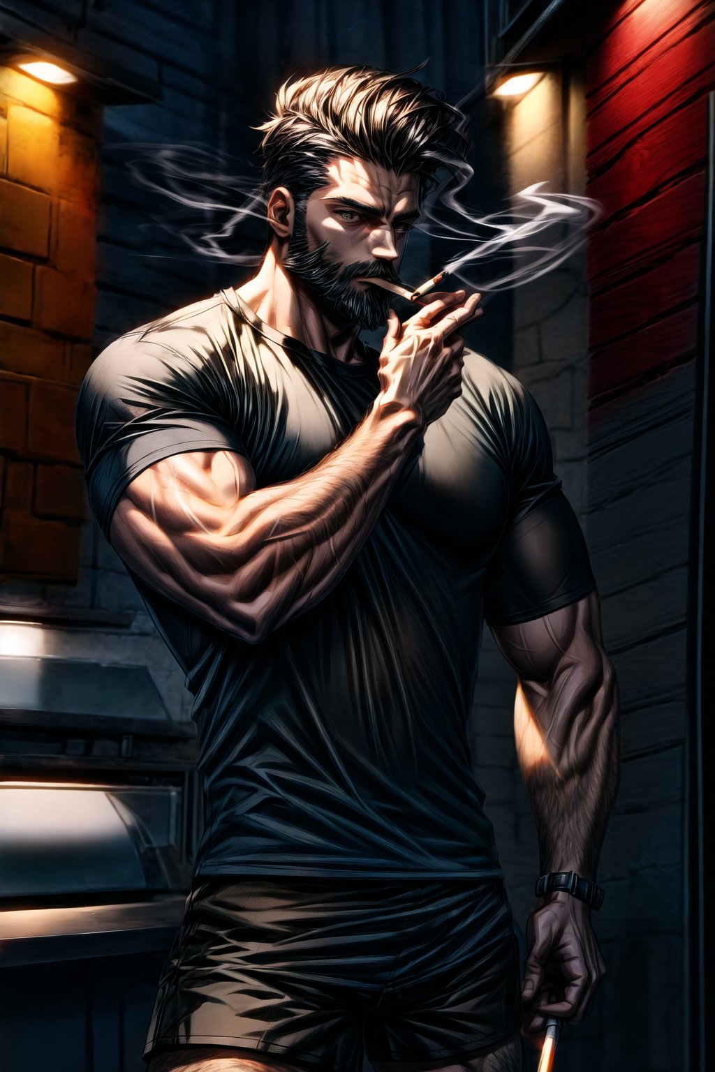 Man, small beard, black t-shirt and shorts, muscular, smoking a cigarette