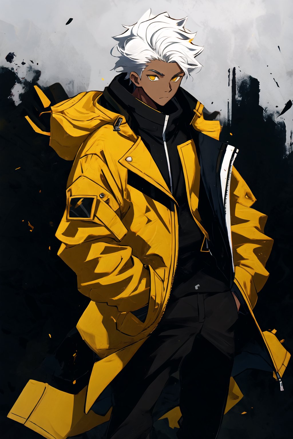 A man in a yellow jacket, white hair, black pants with pockets on the sides, yellow paint