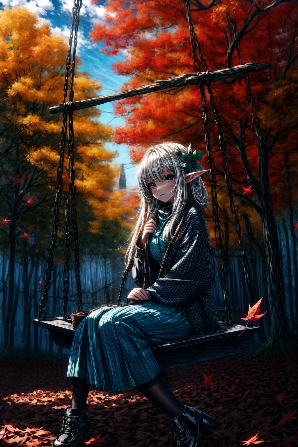 Elf girl, very beautiful appearance, stylish clothes, on a swing, autumn, leaves are falling 