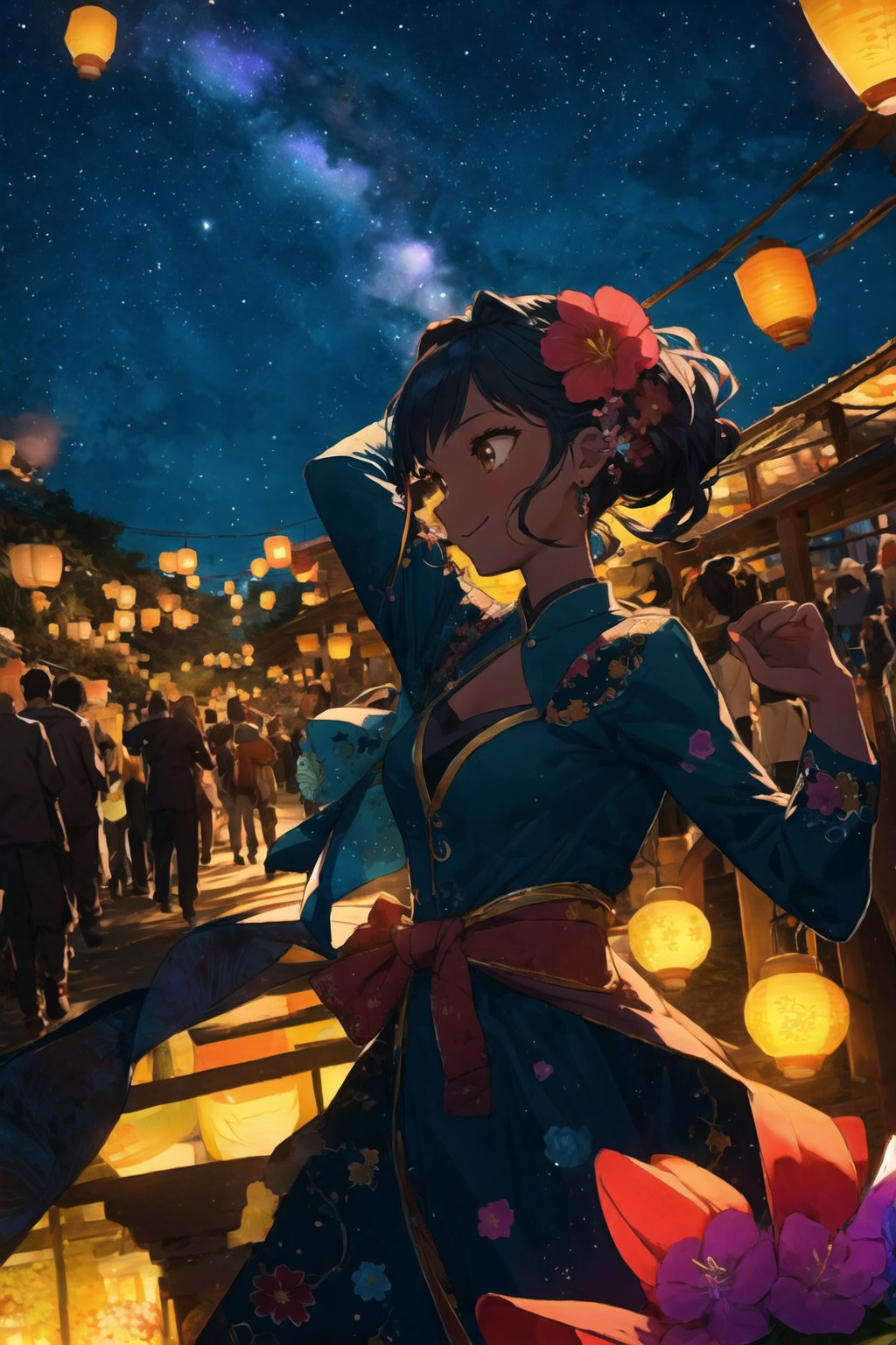 a group of diverse friends, each with unique hairstyles and colorful outfits, dancing joyfully under a starry night sky, surrounded by vibrant flowers and glowing lanterns.