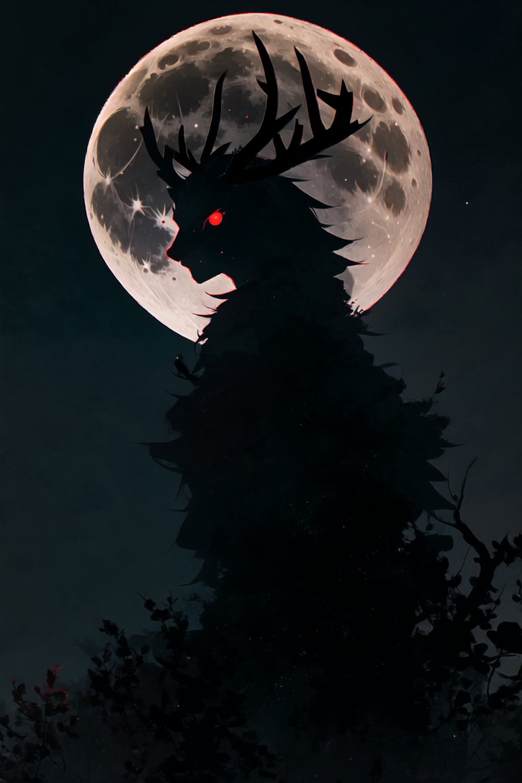 solo, moon, antlers, glowing eyes, night, red eyes, glowing, full moon, no humans, silhouette, dark, looking at viewer