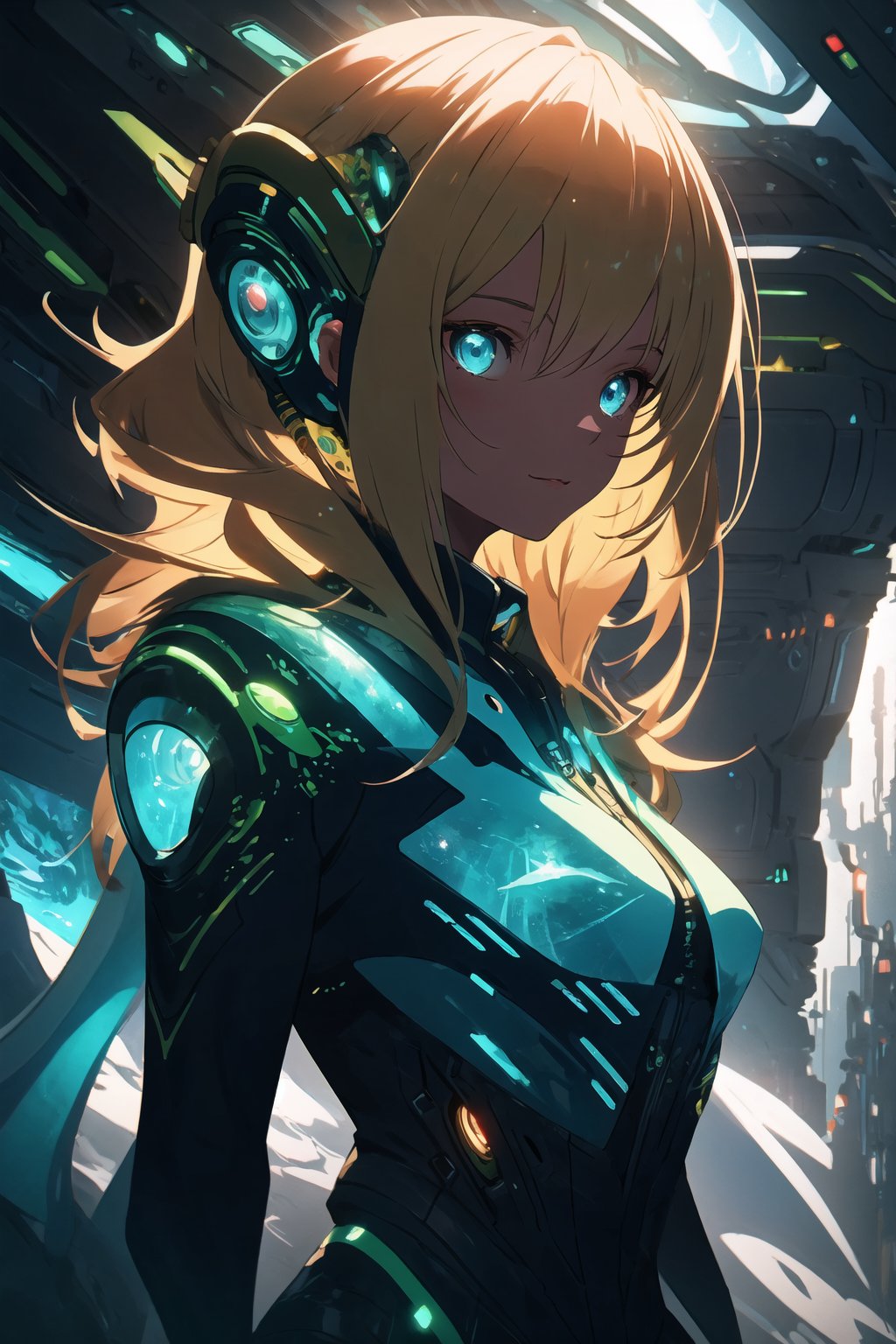 detailed illustration, concept art, masterpiece, anime style, futuristic style, fantasy art, beautiful, a girl wearing a white and green futuristic tight suit, blonde hair, detailed face, detailed blue eyes, alien landscape of a lushy expoplanet, alien vegetation, glowing flying colorful fish, 1girl, 25 years old, futuristic colors, surrealism, bloom, light sparkles, smooth, bokeh, depth of field, intricately detailed, best quality, high resolution