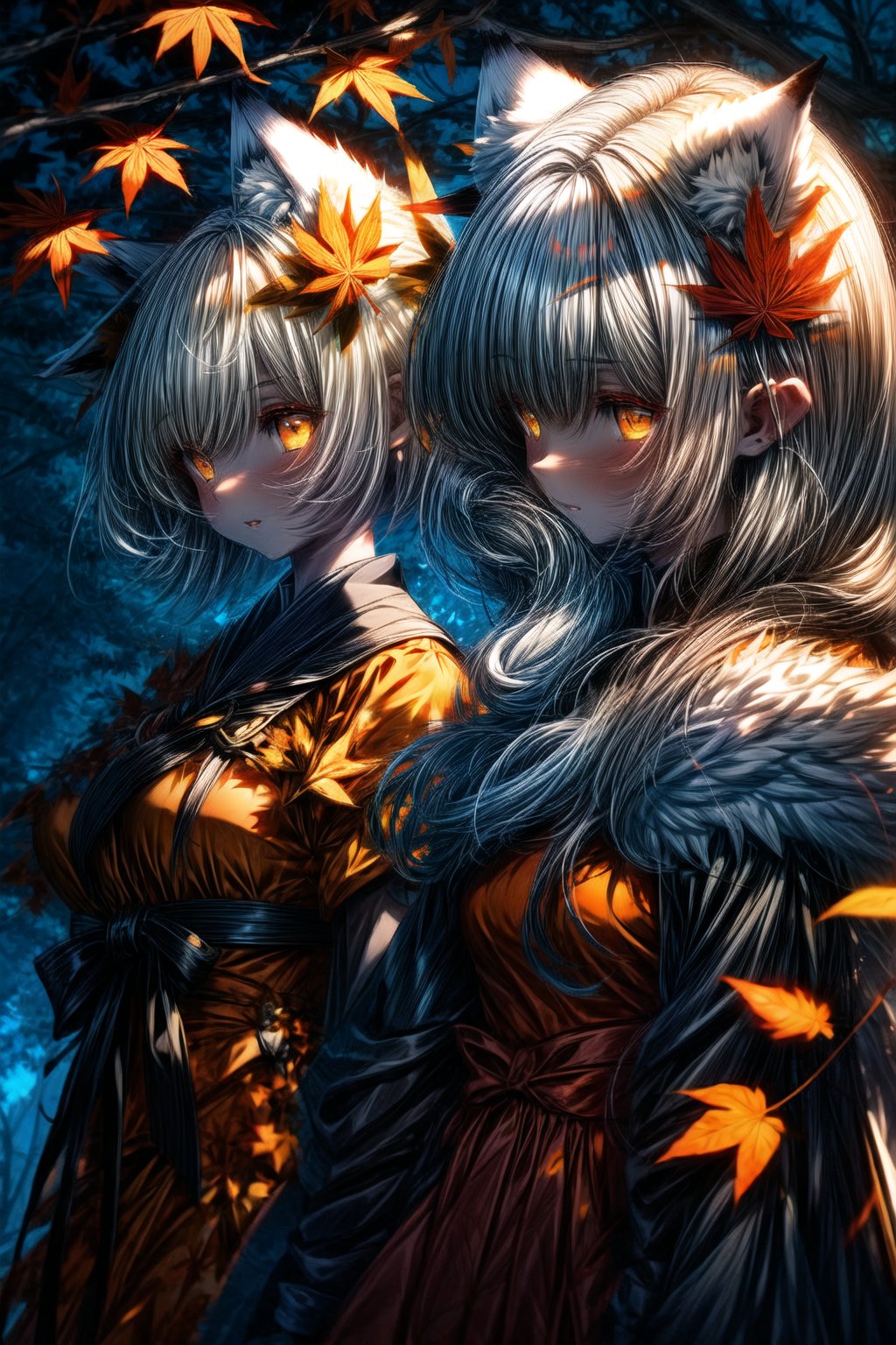 ((2girls)), dark background, from above
1girl, orange eyes, white hair, ((fluffy ears)), ((fox ears)), long hair, dress, orange dress, maple leaves on dress, shining dress, sequined dress, maple leaves, thick tree branch, girl on branch
2girl, yellow eyes, black horns, white wings, small wings, short hair, light blue hair, dress, white and yellow and black and blue dress