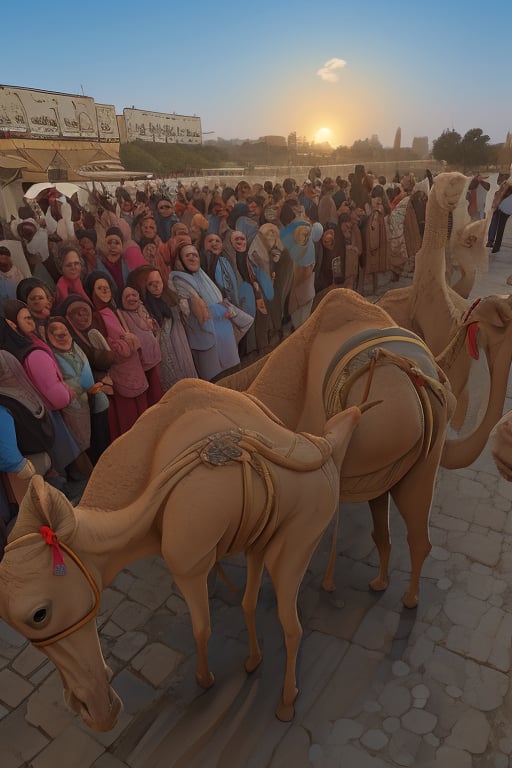 Sun beating down on the thirsty group of pilgrims of karbala, camels, hijab, kids, women
