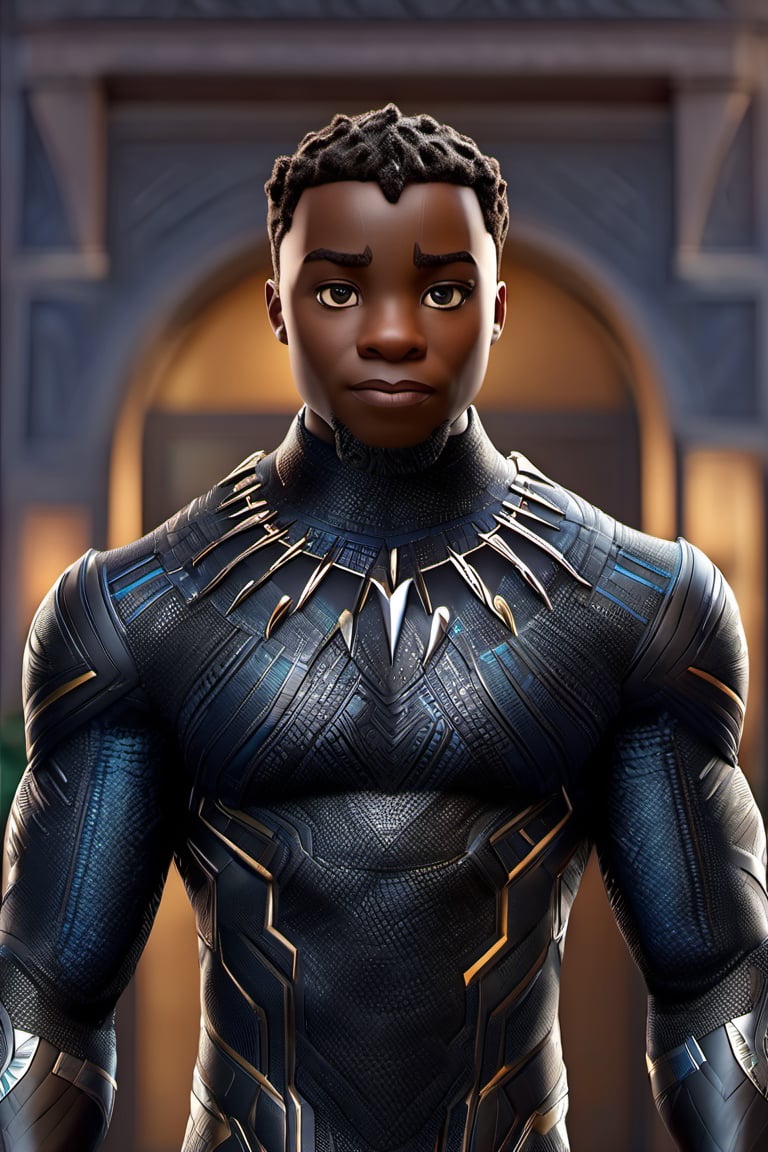 best quality, full body, detailed texture, detailed shadows,3d style,3D render,black panther,marvel,wakanda forever, shadow, standing, like action pose, animated, going to school, real shinning metal texture