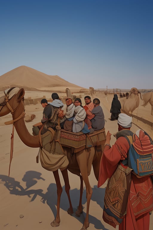 Pilgrims on the road to Karbala 1400 years ago on camels, side view