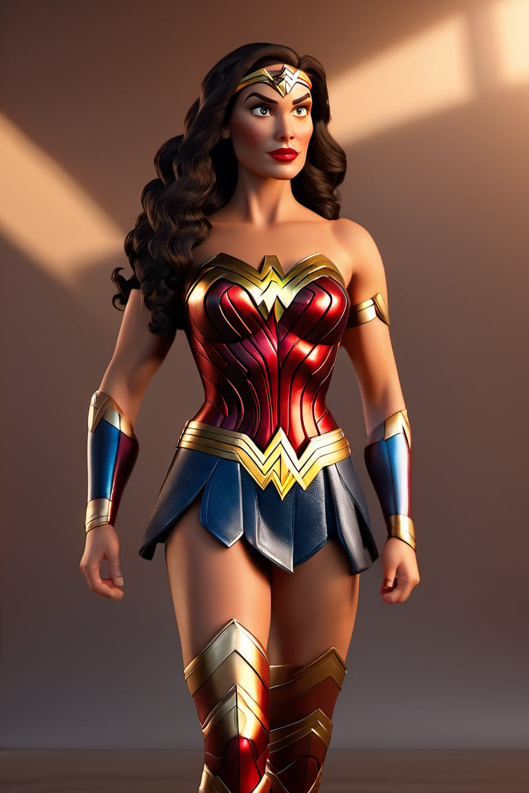 best quality, detailed texture, detailed shadows,3d style,3D render,wonder women, shadow, standing, wearing marvel clothes, like human pose, animated, skin texture real