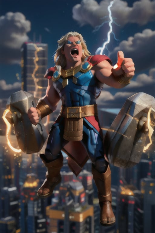 Marvel, Thor, Thor Hammer, Full Body, Muscular body, lightning bolt, Thor Holding Hammer and pointing towards sky, Screaming in anger, ultra realistic, UHD, Masterpiece, unreal engine, octane rendered ,perfecteyes,3DMM