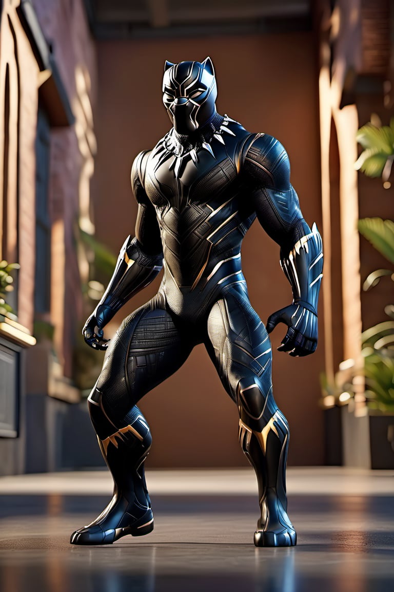 best quality, full body, detailed texture, detailed shadows,3d style,3D render,black panther,marvel,wakanda forever, shadow, standing, like action pose, animated, going to school, real shinning metal texture