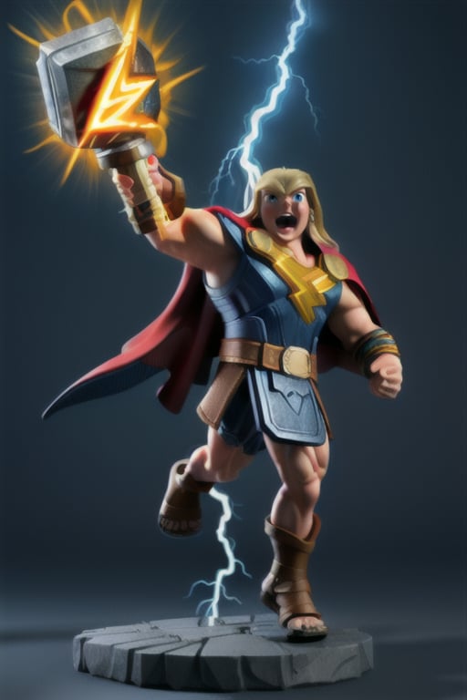 Marvel, Thor, Thor Hammer, Full Body, Muscular body, lightning bolt, Thor Holding Hammer and pointing towards sky, Screaming in anger, ultra realistic, UHD, Masterpiece, unreal engine, octane rendered ,perfecteyes,3DMM