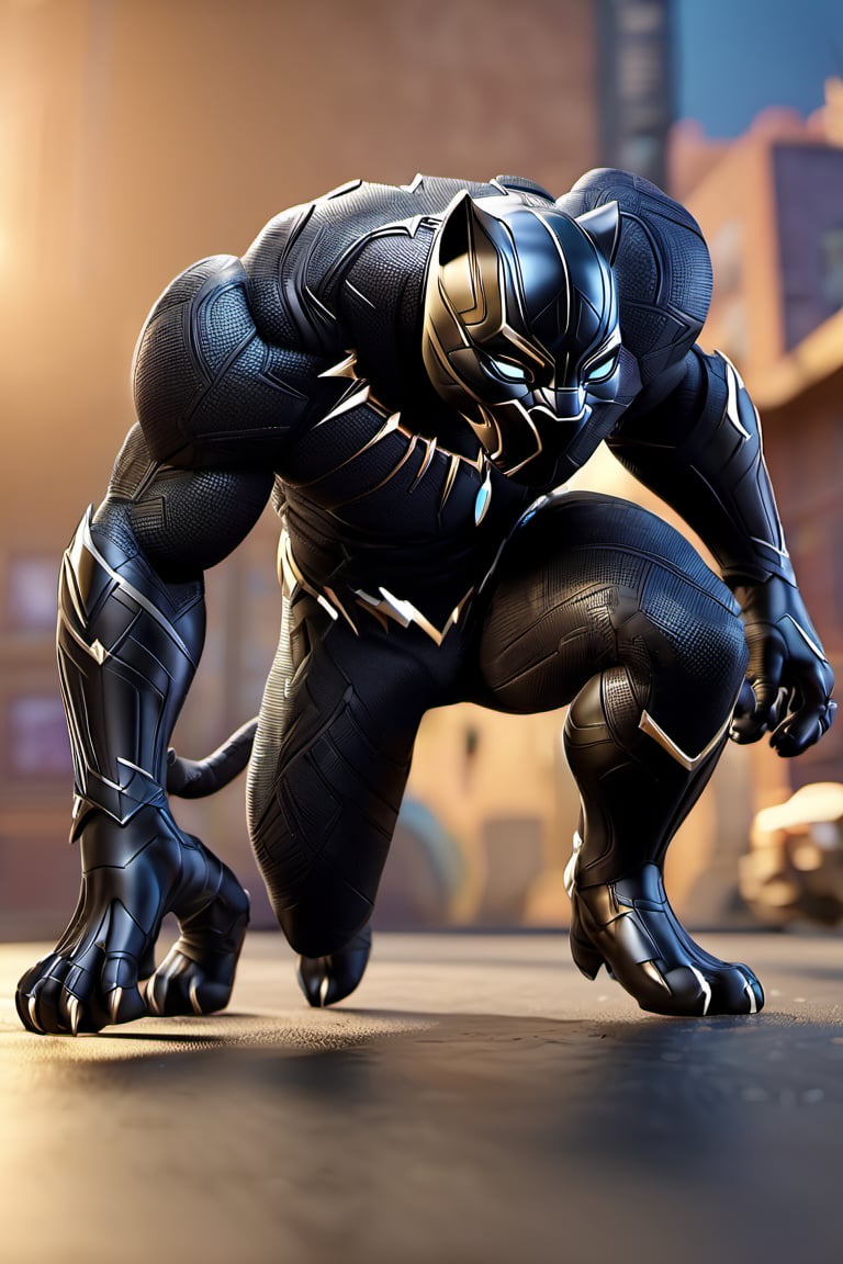 best quality, detailed texture, detailed shadows,3d style,3D render,black panther,marvel, shadow, standing, like fighting pose, animated, going to school, real shinning metal texture