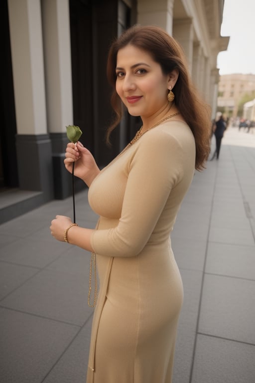 Irani Woman,
Age 30 years old,
White Skin,
Full Body portrait,
Average Breasts,
Chubby Figure,
Innocent eyes,
Red Lips,
Beautiful nose,
Brown Hairs,
Very Long Hairs flying by wind,
Black Color Maxi Dress,
wearing golden necklace,
wearing Golden earings,
wearing black socks,
wearing black lady boots,
giving side pose,
romentic pose,
a black rose holding with both hands,
holy shrine in depth far away in background,
people walking on street in background,
Smiling innocent,
Daylight time,
depth of field,
captured with fujifilm,
apperture f/1.4,
hyper realistic portrait,
ultra realistic skin texture,
ultra realistic cloth texture,
ultra realistic lighting and shadows,
UHD,
masterpiece,





