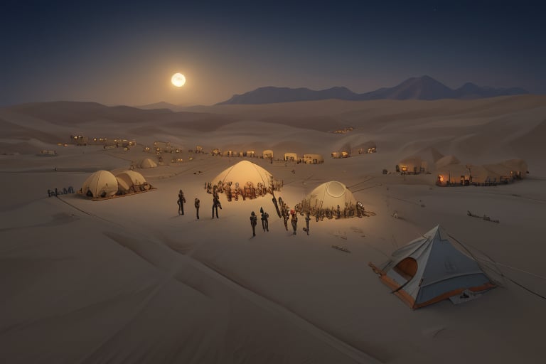 An old islamic battlefield,
A desert with sand and mountains,
midnight time,
full moon lighting,
Tents on one side and thousands of enemies standing on opposite side,
Children and women in hijab inside tents,
enemies on opposite side are thousands,
enemies holding arrows, spears,
enemies has horses,
one man alone with no face prominent standing in middle of the desert with a horse,
praying to god,
white in islamic dress,
face covered,
Aerial view of Karbala's sacred land
