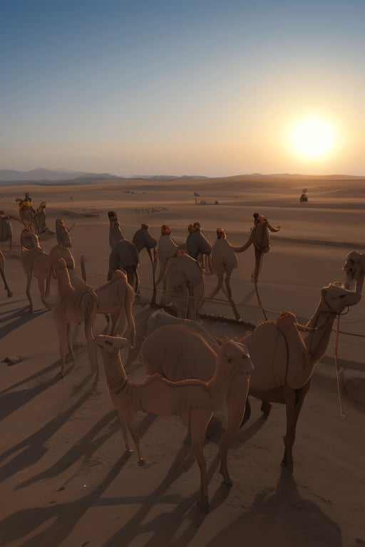 Sun beating down on the thirsty group of camels, kids, asking for water, thirst
