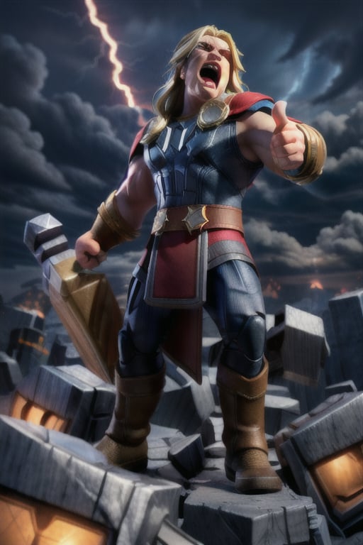 Marvel, Thor, Thor Hammer, Full Body, Muscular body, lightning bolt, Thor Holding Hammer and pointing towards sky, Screaming in anger, ultra realistic, UHD, Masterpiece, unreal engine, octane rendered ,perfecteyes,3DMM