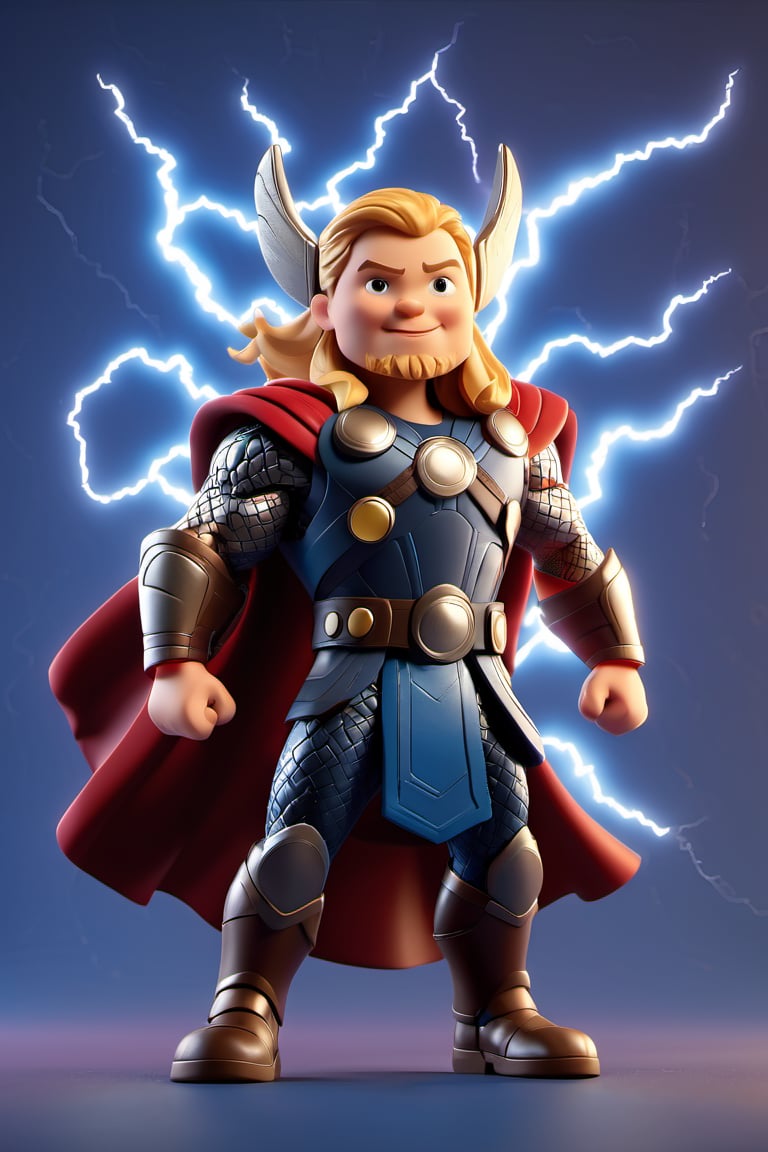 3d style,3D render,thor, thora hammer with lightning bolt on hammer, shadow, standing, wearing marvel clothes, like human pose,  animated