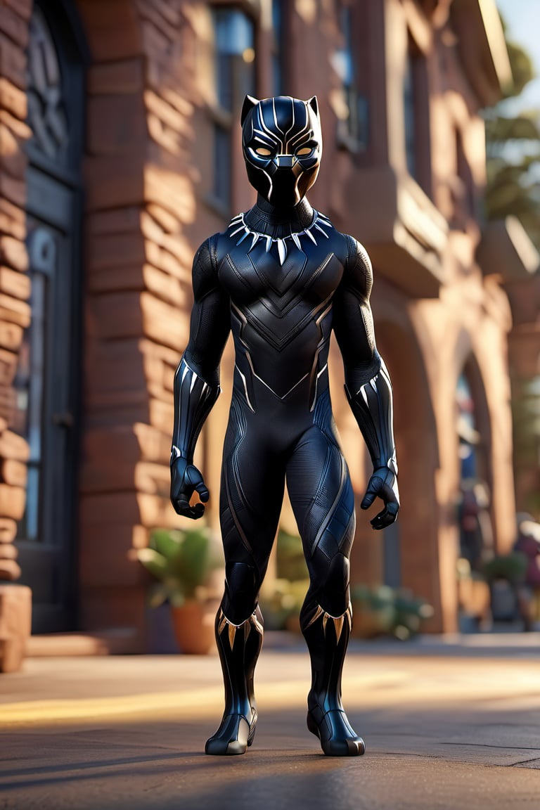 best quality, detailed texture, detailed shadows,3d style,3D render,black panther,marvel, shadow, standing, like human pose, animated, going to school, real shinning metal texture