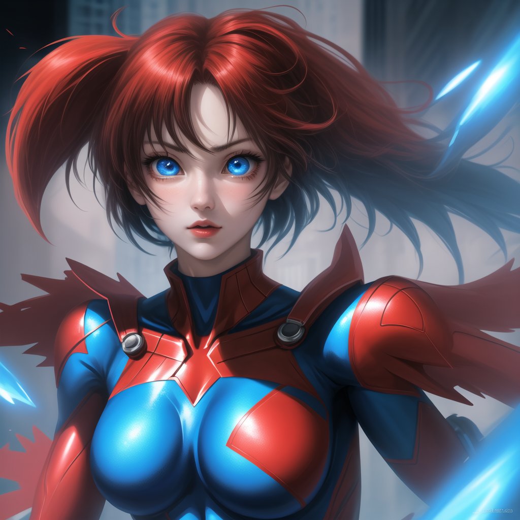 anime, girl, superheroe suit, beutiful eyes, red chicks, lovely face, flying new york city, high quality, colorfull, ultra high definition 300 dpi, 4k resolution