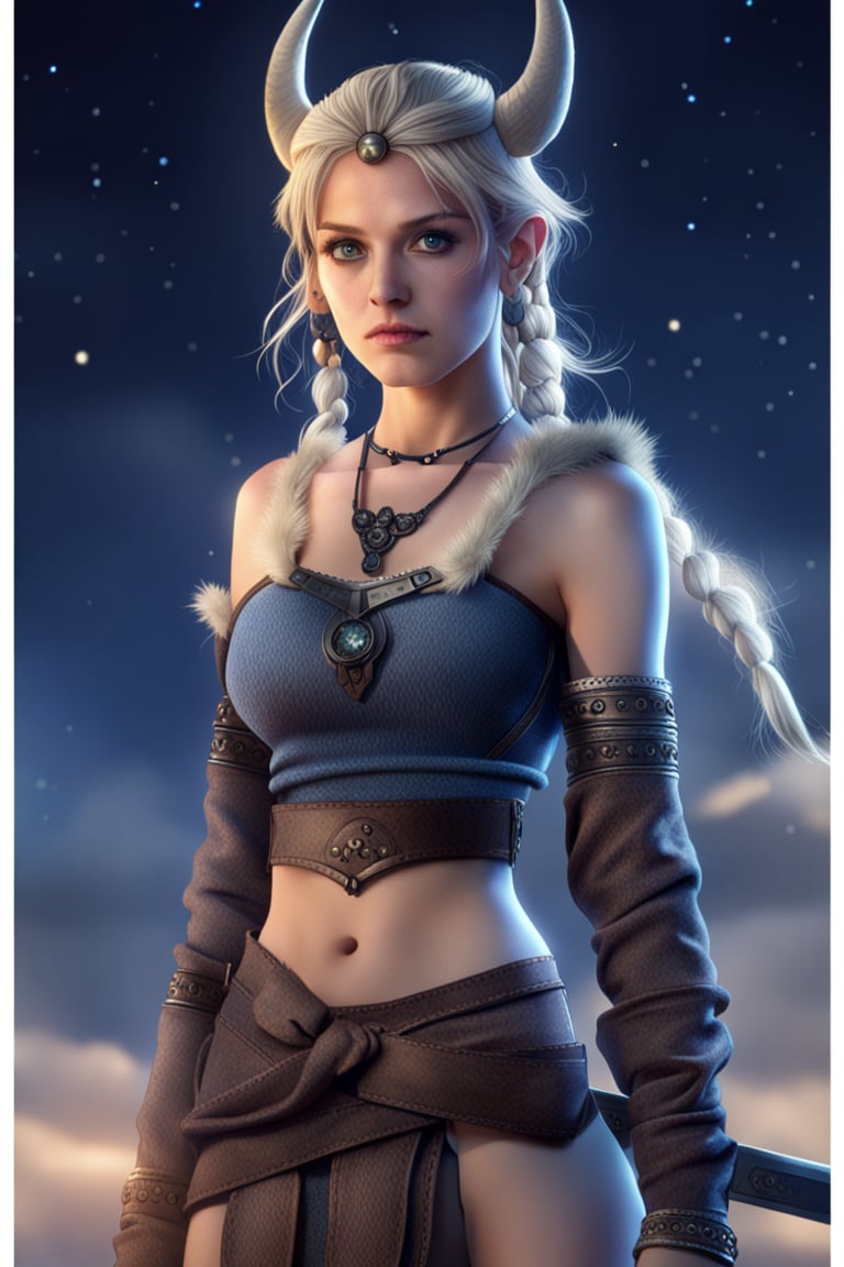 ultrarealistic 8k anime, viking women,sword, solo_female,  beatiful , face, big eyes, , night sky, front view, high_resolution, medium_breasts, runic vikings tatto rigth arm