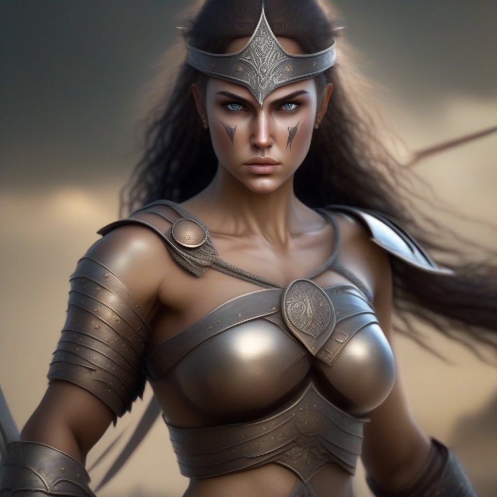 young fantasy warrior women, softly skin, beatiful eyes, full body,  big breast, stand for battle, based on greek mithology, photografy, ultra high definition, realistic, 8k,  